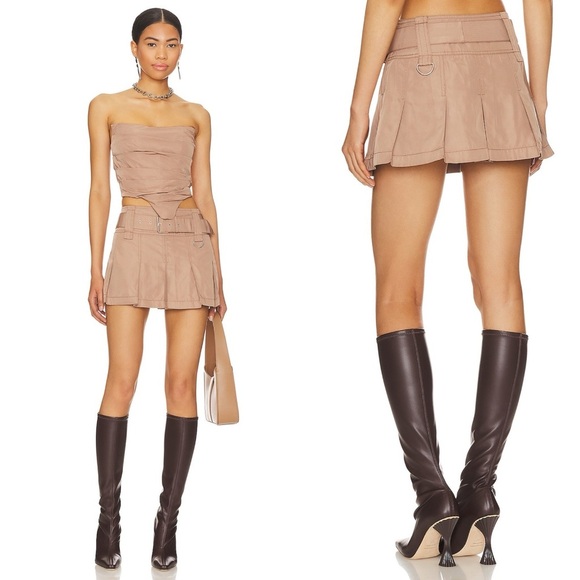 H:ours Ariella Mini Skirt in Khaki Brown - Picture 1 of 6